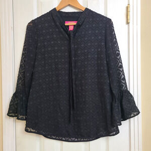 Catherine Malandrino Sheer Bell Sleeve Tie Neck Textured Blouse Whimsigoth Small